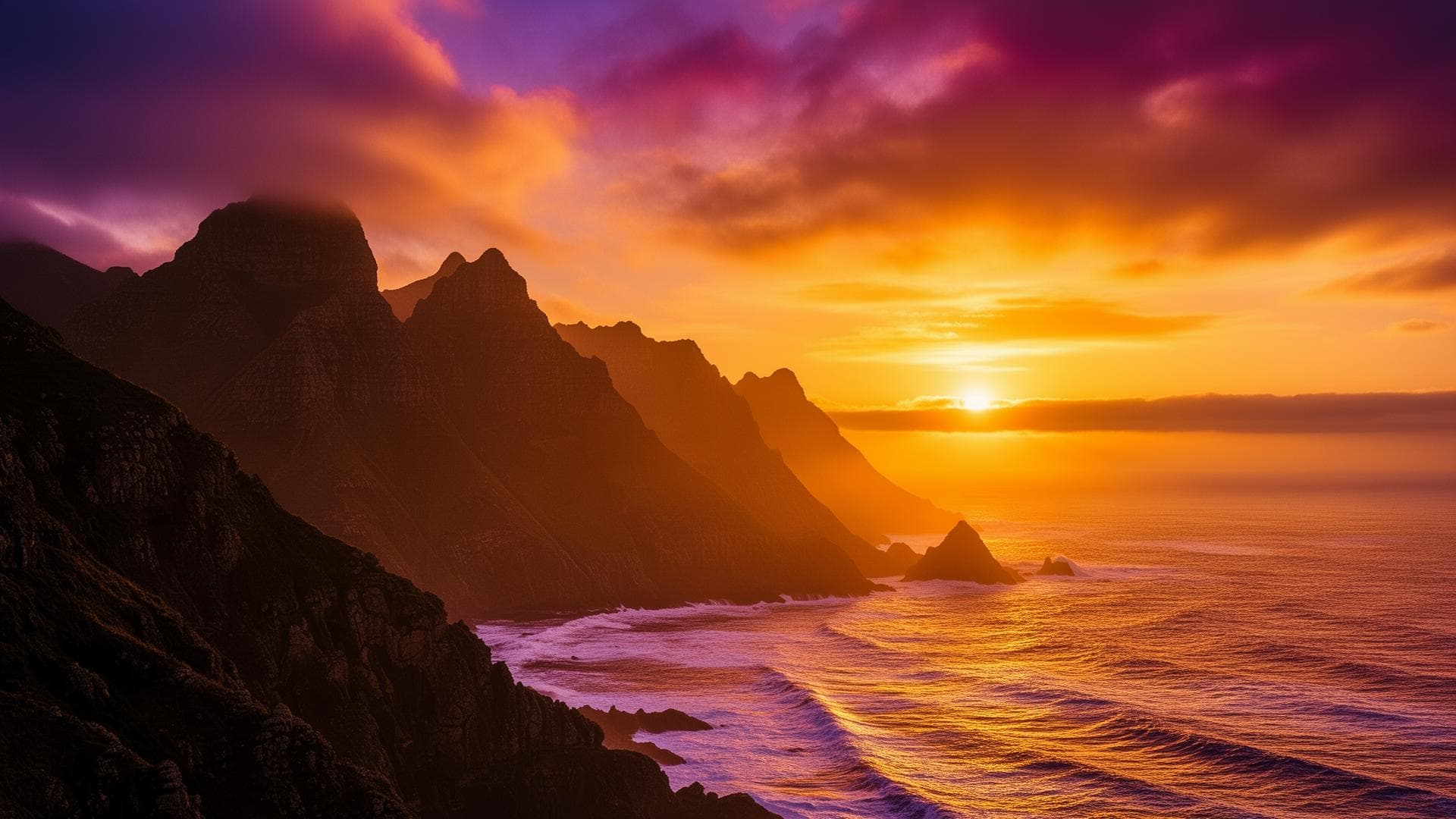 Sunset over a mountainous coast