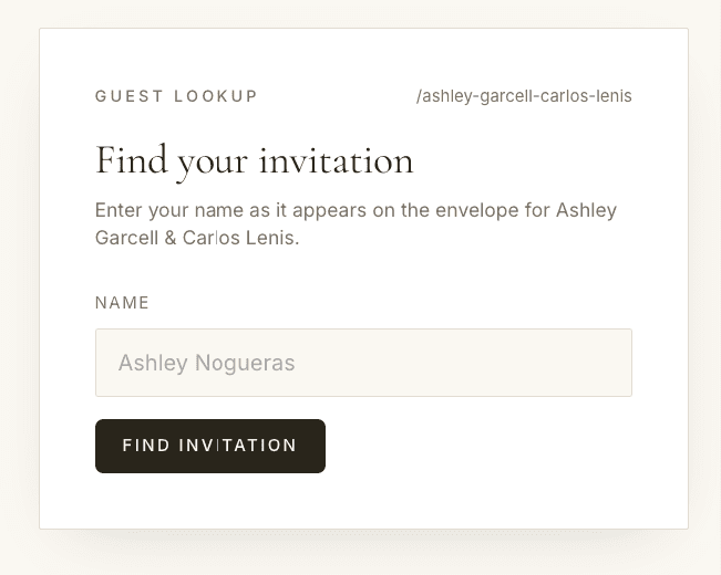 Guest RSVP lookup on the public wedding page